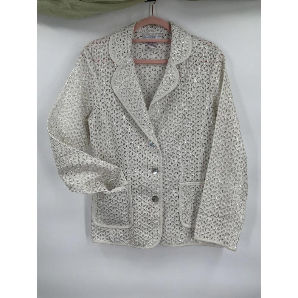 Susan Graver Style White Silver Cutout Blazer Button Down Jacket Size S